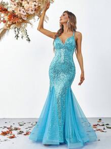 Contrast Sequin Mesh Hem Lace Up Backless Dress - Blue - View 4