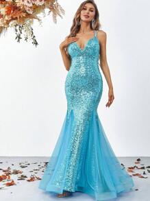 Contrast Sequin Mesh Hem Lace Up Backless Dress - Blue - View 6