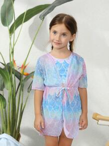 年轻女孩鱼鳞比基尼套装与和服夏日海滩 - 彩色 - 查看 3