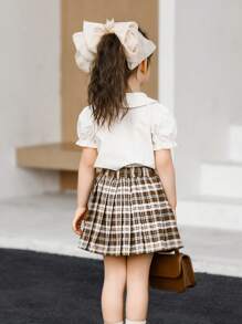 2入組年輕女孩預ppy風格蝴蝶結短袖上衣和百摺裙套裝，適合休閒、攝影，夏季穿著 - 彩色 - 查看 2