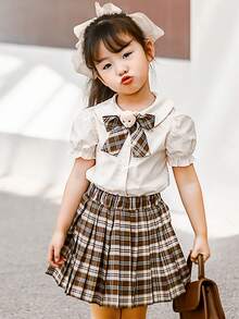 2入組年輕女孩預ppy風格蝴蝶結短袖上衣和百摺裙套裝，適合休閒、攝影，夏季穿著 - 彩色 - 查看 3