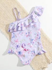 Niñas Bañador una pieza floral fruncido - Lila Púrpura - Ver 3