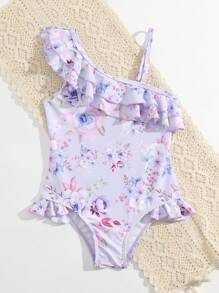 Niñas Bañador una pieza floral fruncido - Lila Púrpura - Ver 4