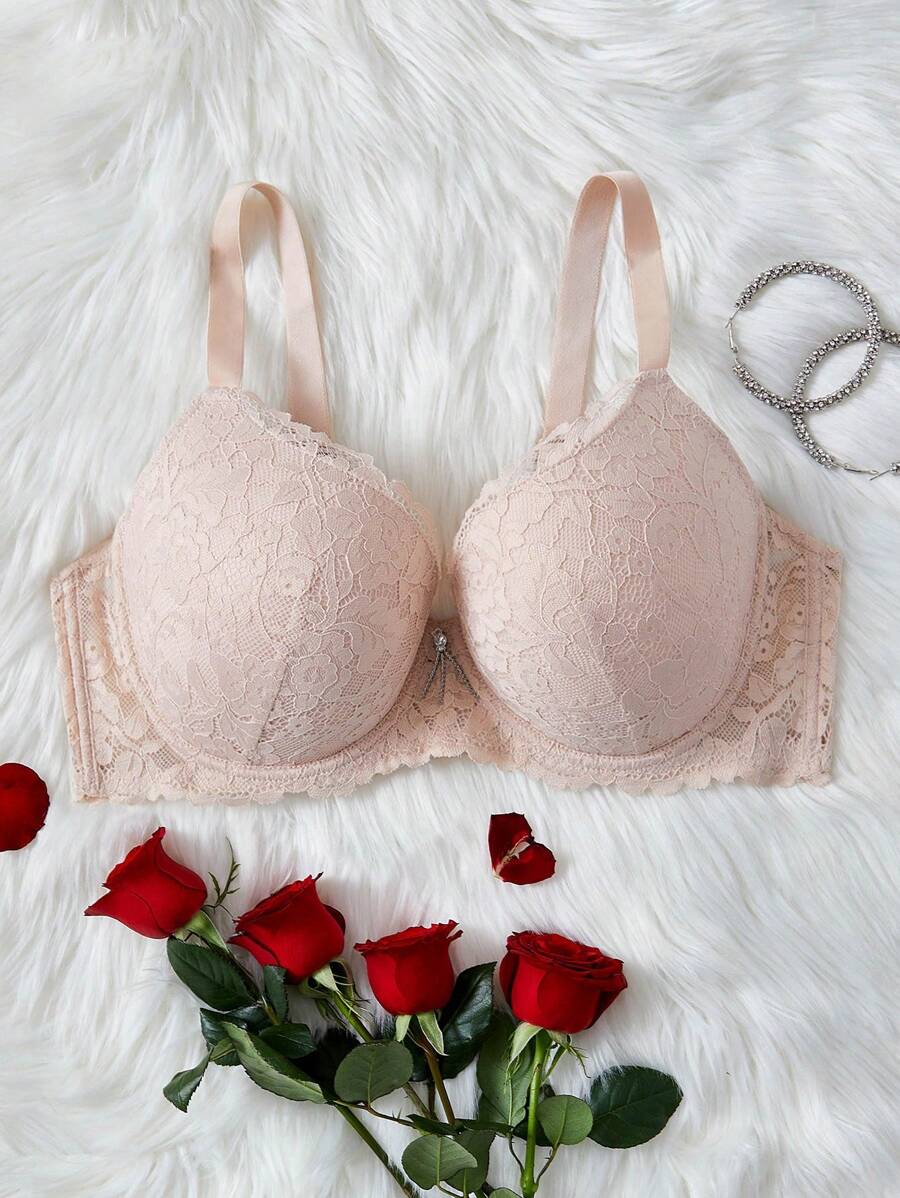 Plus Floral Lace Underwire Bra - Baby Pink - View 1