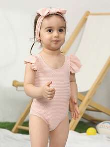 Baby Girl Ruffle Trim One Piece Swimsuit With Headband