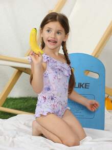 Niñas Bañador una pieza floral fruncido - Lila Púrpura - Ver 7