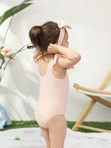 Baby Girl Ruffle Trim One Piece Swimsuit With Headband