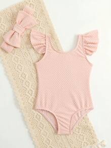 Baby Girl Ruffle Trim One Piece Swimsuit With Headband