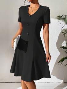 SHEIN VCAY Đầm Nút phía trước màu trơn Thanh lịch - màu đen - Xem 4