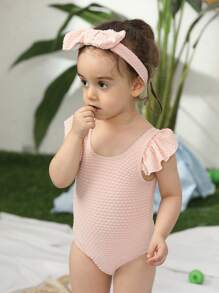 Baby Girl Ruffle Trim One Piece Swimsuit With Headband