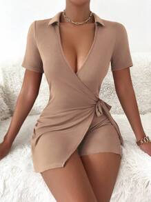 SHEIN Privé 素色圍裹側打結彈力緊身連體短褲 - 卡其色 - 查看 1