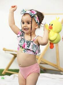 Baby Girl Tropical Print Ruffle Trim Beachwear With Headband Summer Beach - Multicolor - View 1