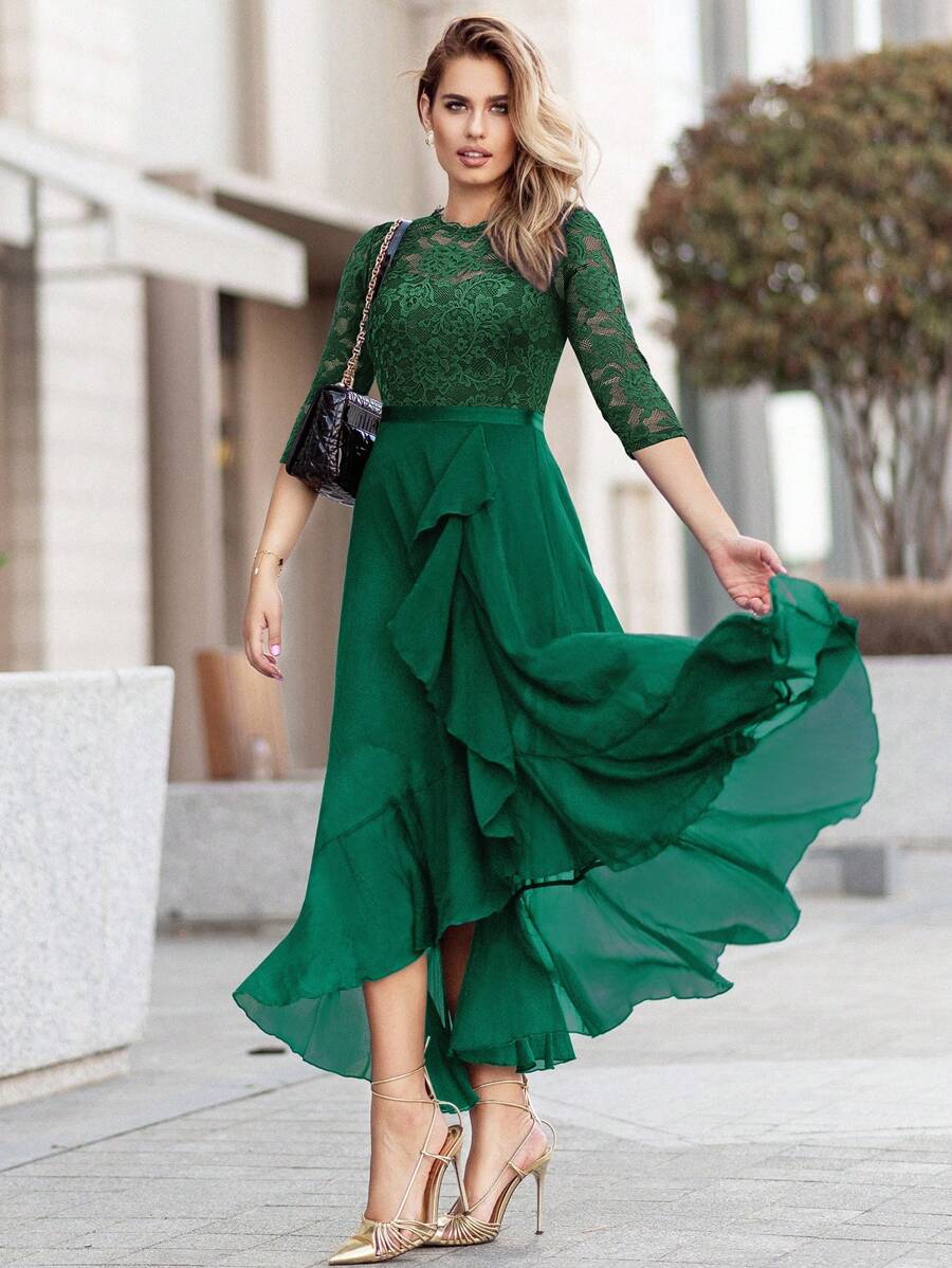 MIUSOL Floral Lace Corset With Ruffle Trim Chiffon Formal Party Dress
