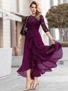 MIUSOL Floral Lace Bodice Ruffle Trim Chiffon Formal Party Dress