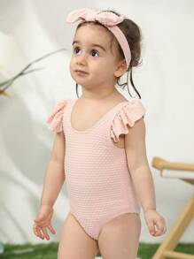 Baby Girl Ruffle Trim One Piece Swimsuit With Headband