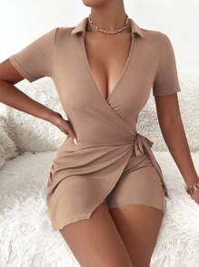 SHEIN Privé 素色圍裹側打結彈力緊身連體短褲 - 卡其色 - 查看 3