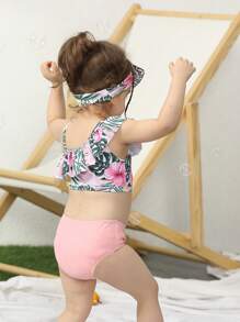 Baby Girl Tropical Print Ruffle Trim Beachwear With Headband Summer Beach - Multicolor - View 2