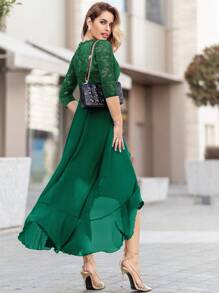 MIUSOL Floral Lace Corset With Ruffle Trim Chiffon Formal Party Dress - Dark Green - View 3
