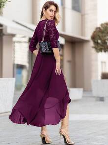 Floral Lace Corset With Ruffle Trim Chiffon Formal Party Dress - Maroon - View 3