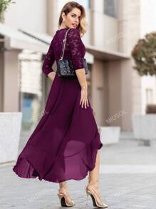 MIUSOL Floral Lace Bodice Ruffle Trim Chiffon Formal Party Dress
