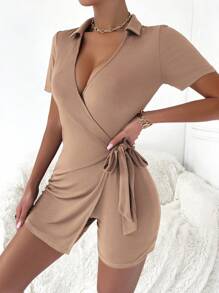 SHEIN Privé 素色圍裹側打結彈力緊身連體短褲 - 卡其色 - 查看 4