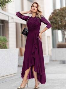MIUSOL Floral Lace Bodice Ruffle Trim Chiffon Formal Party Dress