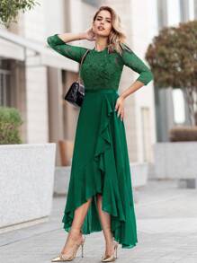 MIUSOL Floral Lace Corset With Ruffle Trim Chiffon Formal Party Dress - Dark Green - View 4