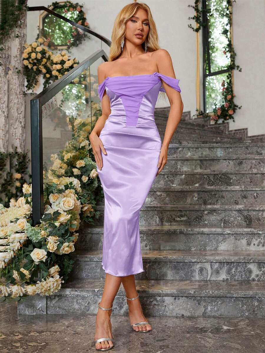 PARTHEA Off Shoulder Ruched Satin Dress - Lilac Purple - View 1