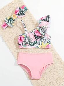Baby Girl Tropical Print Ruffle Trim Beachwear With Headband Summer Beach - Multicolor - View 3