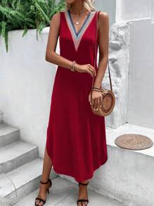 SHEIN VCAY 蕾絲拼接背心洋裝 - 紅色 - 查看 3