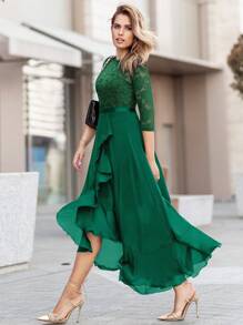 MIUSOL Floral Lace Corset With Ruffle Trim Chiffon Formal Party Dress - Dark Green - View 6