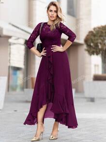 MIUSOL Floral Lace Bodice Ruffle Trim Chiffon Formal Party Dress