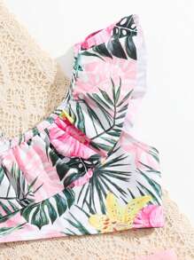 Baby Girl Tropical Print Ruffle Trim Beachwear With Headband Summer Beach - Multicolor - View 5