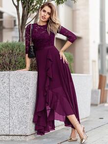 Floral Lace Corset With Ruffle Trim Chiffon Formal Party Dress - Maroon - View 7