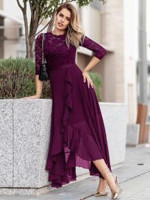 MIUSOL Floral Lace Bodice Ruffle Trim Chiffon Formal Party Dress