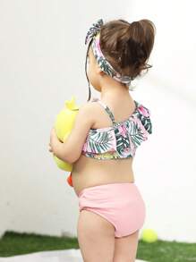 Baby Girl Tropical Print Ruffle Trim Beachwear With Headband Summer Beach - Multicolor - View 6
