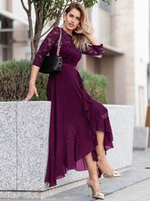 MIUSOL Floral Lace Bodice Ruffle Trim Chiffon Formal Party Dress