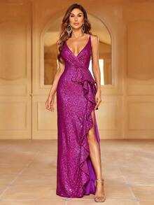 Faeriesty Đầm dạ hội đính sequin xẻ đùi, viền bèo nhún, thanh lịch, thích hợp dự tiệc cưới, lễ tốt nghiệp, tiệc tối mùa xuân. - Màu tím - Xem 4