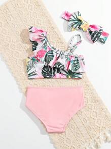 Baby Girl Tropical Print Ruffle Trim Beachwear With Headband Summer Beach - Multicolor - View 7