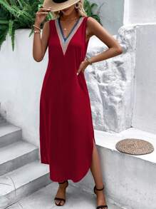 SHEIN VCAY 蕾絲拼接背心洋裝 - 紅色 - 查看 6