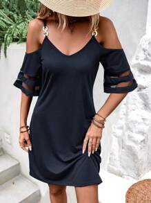 SHEIN LUNE Vestido estilo camiseta de malla en contraste de hombros descubiertos - Azul Marino - Ver 1