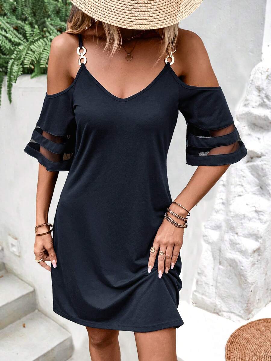 SHEIN LUNE Vestido estilo camiseta de malla en contraste de hombros descubiertos - Azul Marino - Ver 1