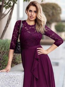 Floral Lace Corset With Ruffle Trim Chiffon Formal Party Dress - Maroon - View 9