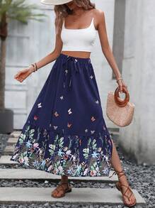 SHEIN VCAY Floral Print Knot Front Ruffle Hem Split Thigh Skirt - Blue - View 3