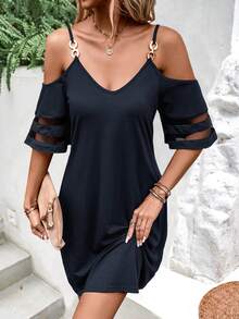 SHEIN LUNE Vestido estilo camiseta de malla en contraste de hombros descubiertos - Azul Marino - Ver 3