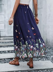 SHEIN VCAY Floral Print Knot Front Ruffle Hem Split Thigh Skirt - Blue - View 2