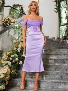 PARTHEA Off Shoulder Ruched Satin Dress - Lilac Purple - View 8