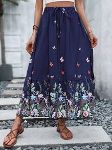 SHEIN VCAY Floral Print Knot Front Ruffle Hem Split Thigh Skirt - Blue - View 4