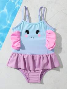 Traje De Baño De Una Sola Pieza De Dibujos Animados Para Bebé Niña Con Parche Y Adorno De Volantes - Multicolor - Ver 1