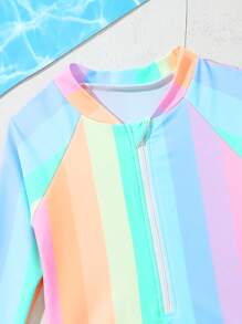 Toddler Girls Rainbow Striped Raglan Sleeve One Piece Swimsuit - Multicolor - View 3